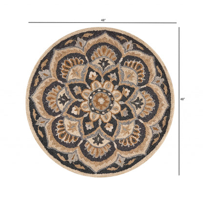 4’ Round Black Flower Blossom Area Rug