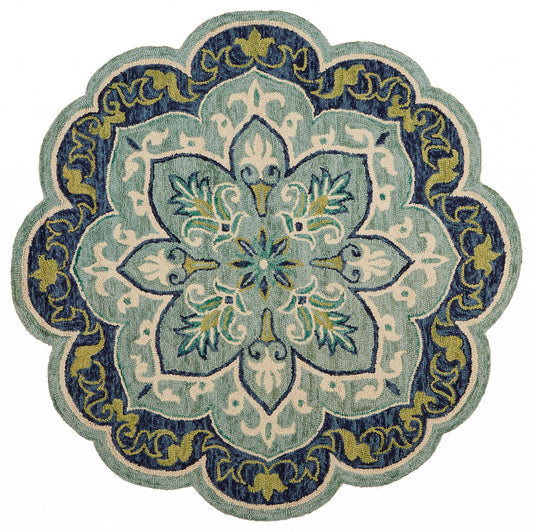 4’ Round Blue Ornate Medallion Area Rug