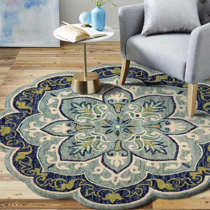 4’ Round Blue Ornate Medallion Area Rug