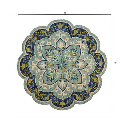 4’ Round Blue Ornate Medallion Area Rug