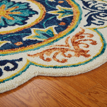 4’ Round Ivory And Navy Decorative Area Rug