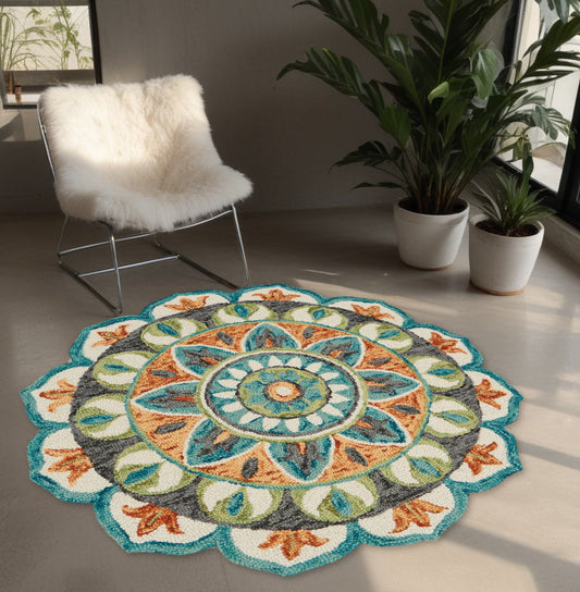 4' Round Blue And Orange Medallion Area Rug - 94.88" (L) x 94.88" (W) x 0.43" (H)