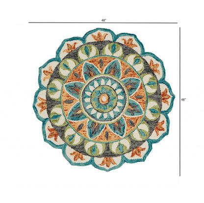 4’ Round Blue And Orange Medallion Area Rug