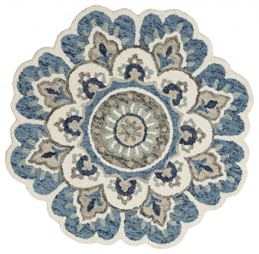 4’ Round Blue Modern Floral Area Rug