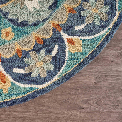 4’ Round Blue Floral Mandala Area Rug