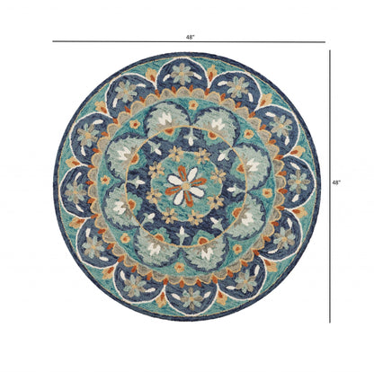 4’ Round Blue Floral Mandala Area Rug