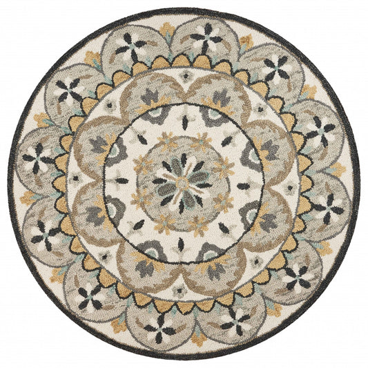 4’ Round Gray And Ivory Floral Bloom Area Rug