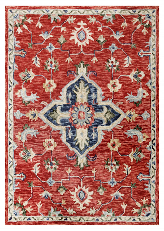 5’ X 7’ Red And Blue Floral Medallion Area Rug