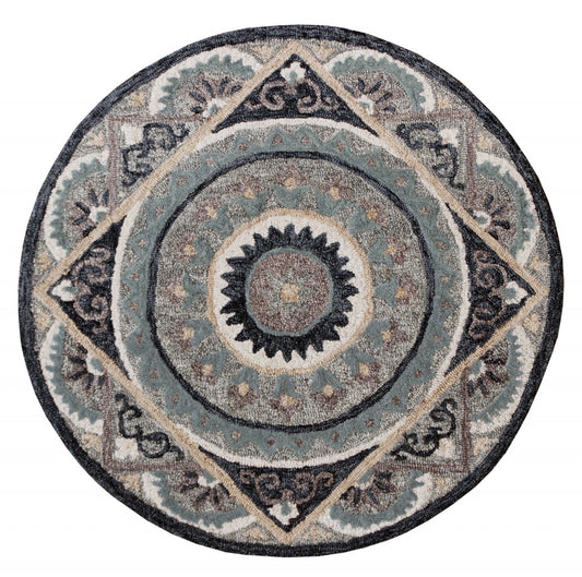 3’ Round Gray Geometric Medallion Area Rug