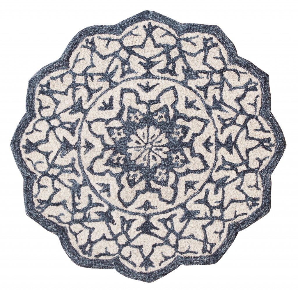 3’ Round Navy And White Decorative Area Rug