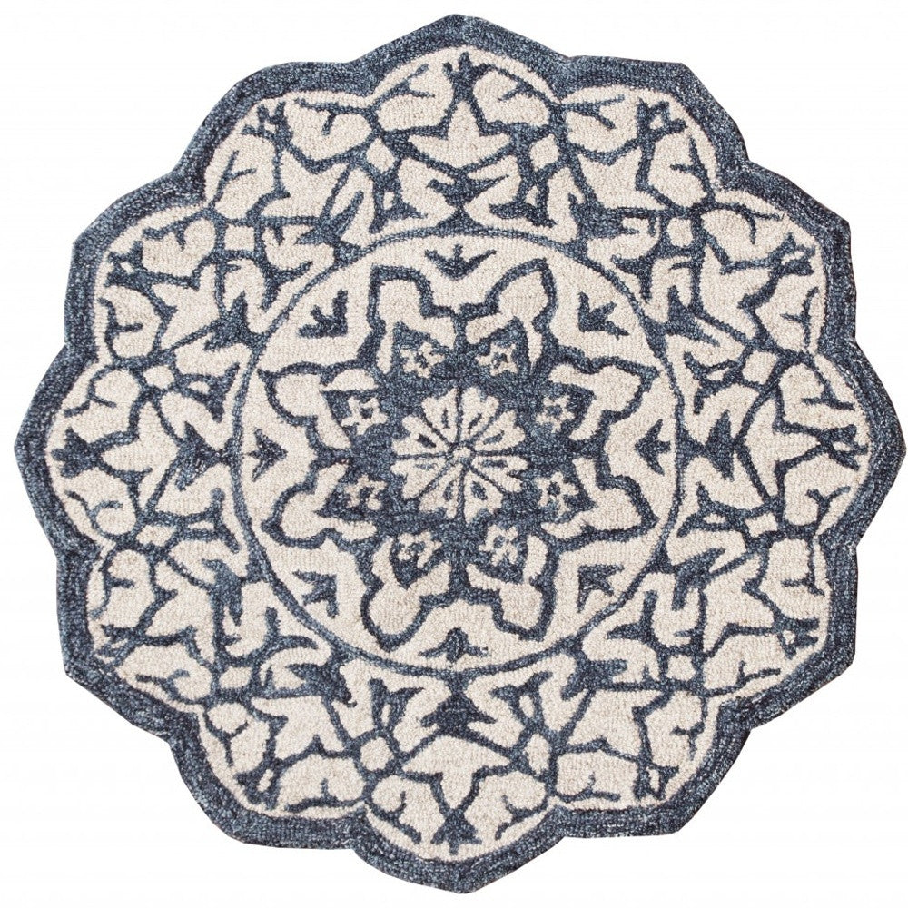 3’ Round Navy And White Decorative Area Rug