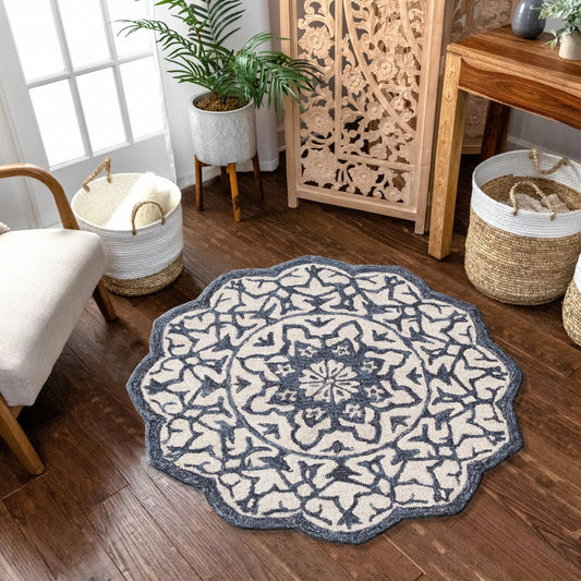 3’ Round Navy And White Decorative Area Rug