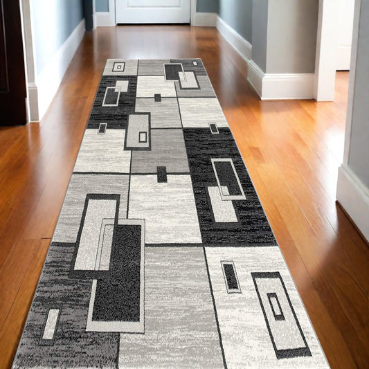 13' Runner Grey Abstract Power Loom Runner Rug - 27.0" (L) x 240.0" (W) x 0.6" (H)