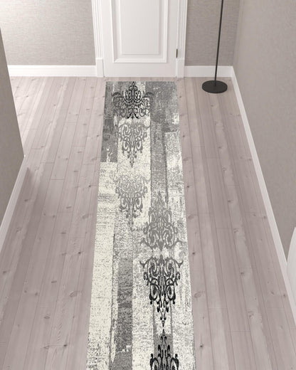 10' Gray Damask Dhurrie Runner Rug