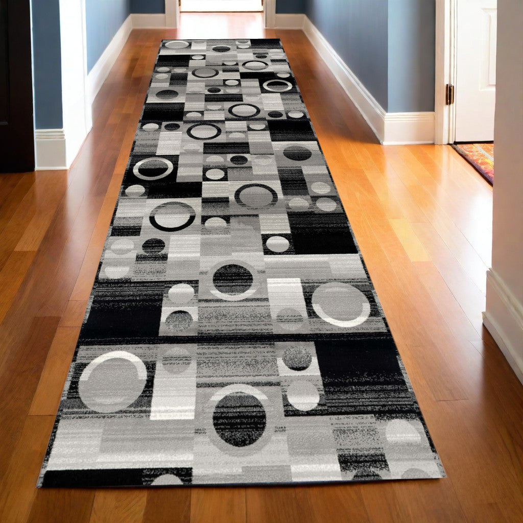 10' Black Gray and White Geometric Power Loom Distressed Runner Rug - 26.0" (L) x 120.0" (W) x 1.0" (H)