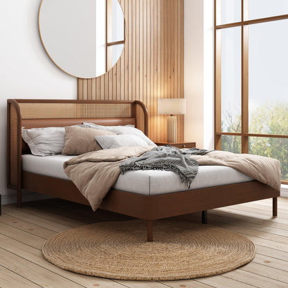 Modern Cannage Rattan Wood Platform Queen Bed Walnut - FurniFindUSA