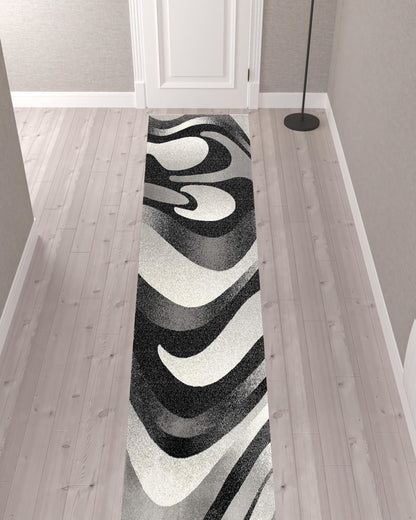 10' Black Gray and White Marble Power Loom Runner Rug