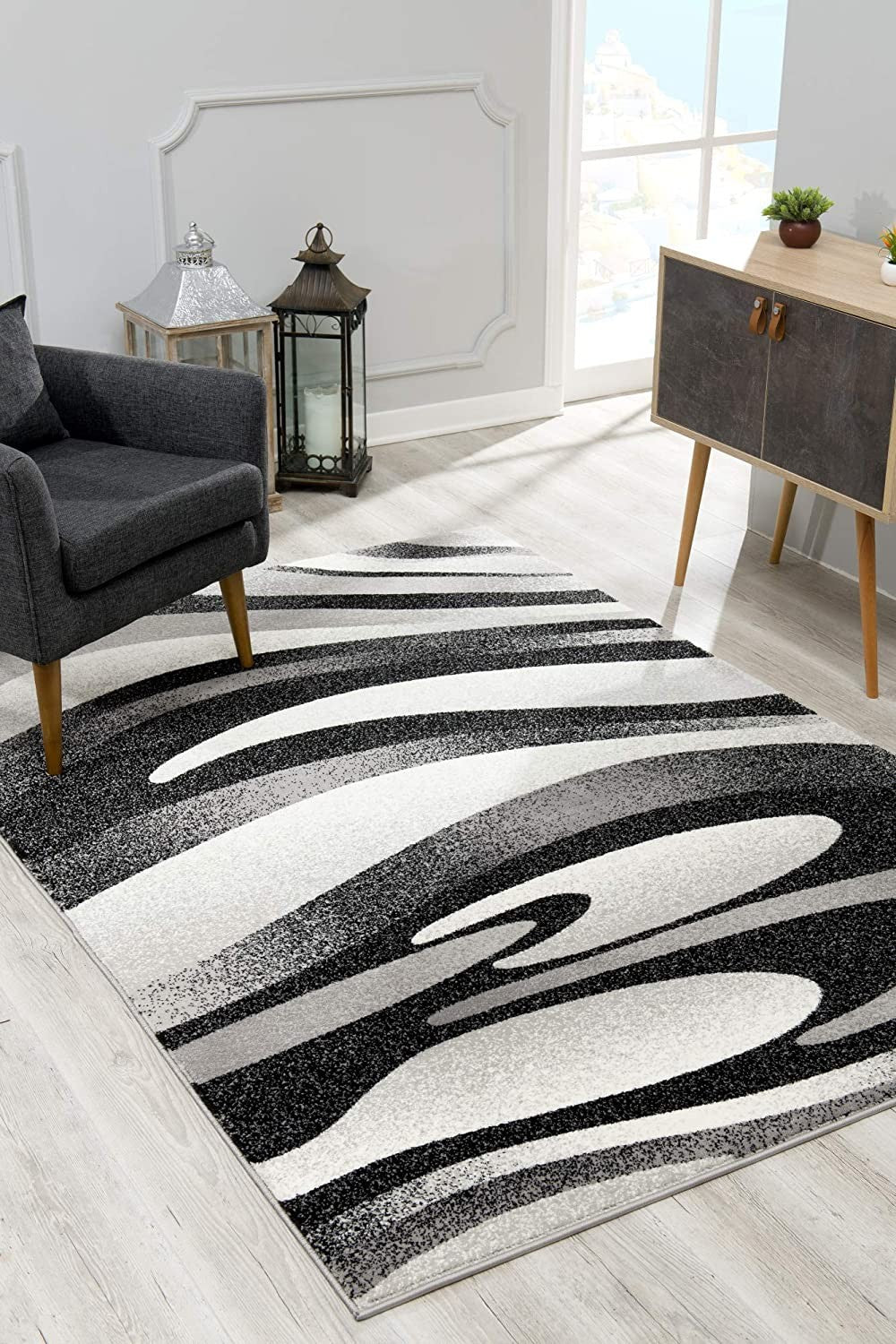 10' Black Gray and White Marble Power Loom Runner Rug