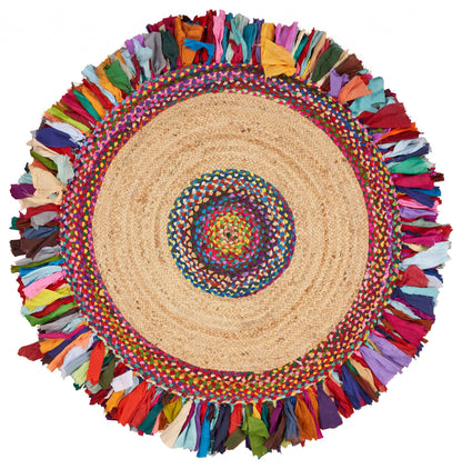 Natural Jute Multicolored Medallion Area Rug With Fringe