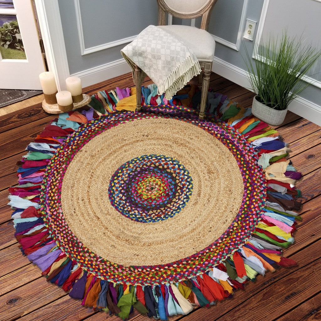 Natural Jute Multicolored Medallion Area Rug With Fringe