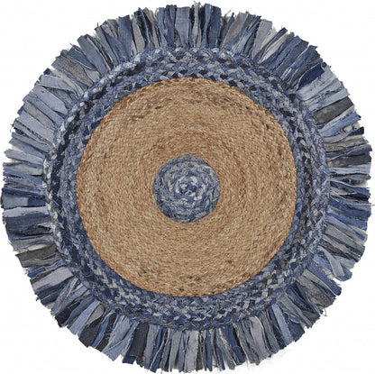 Denim And Natural Jute Fringed Round Rug