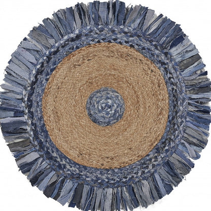 Denim And Natural Jute Fringed Round Rug