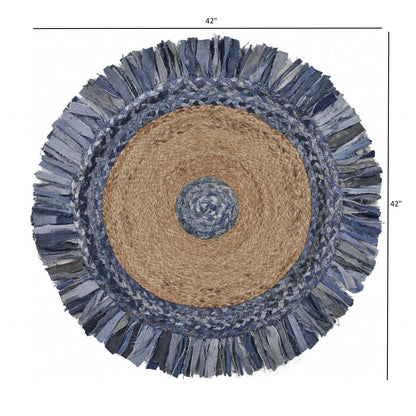 Denim And Natural Jute Fringed Round Rug