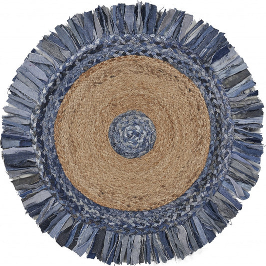 Denim And Natural Jute Fringed Round Rug - 66.0" (H) x 66.0" (W) x 0.5" (D)