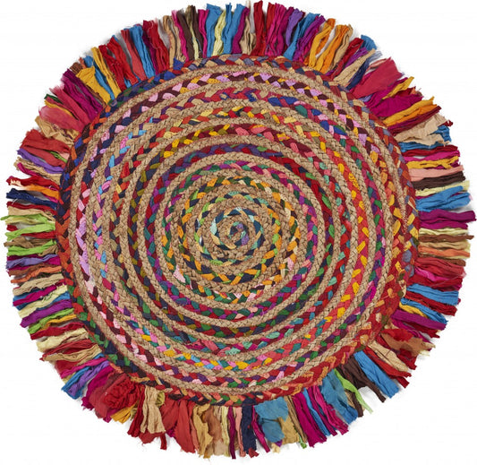 Multicolored Chindi And Natural Jute Fringed Round Rug