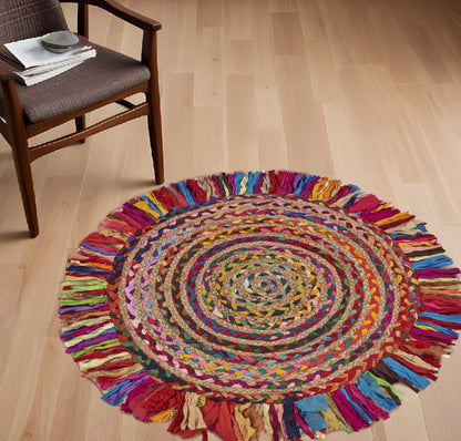 4' Rainbow Multi Round Hand Woven Jute Area Rug With Fringe - 94.49" (L) x 129.92" (W) x 1.96" (H)