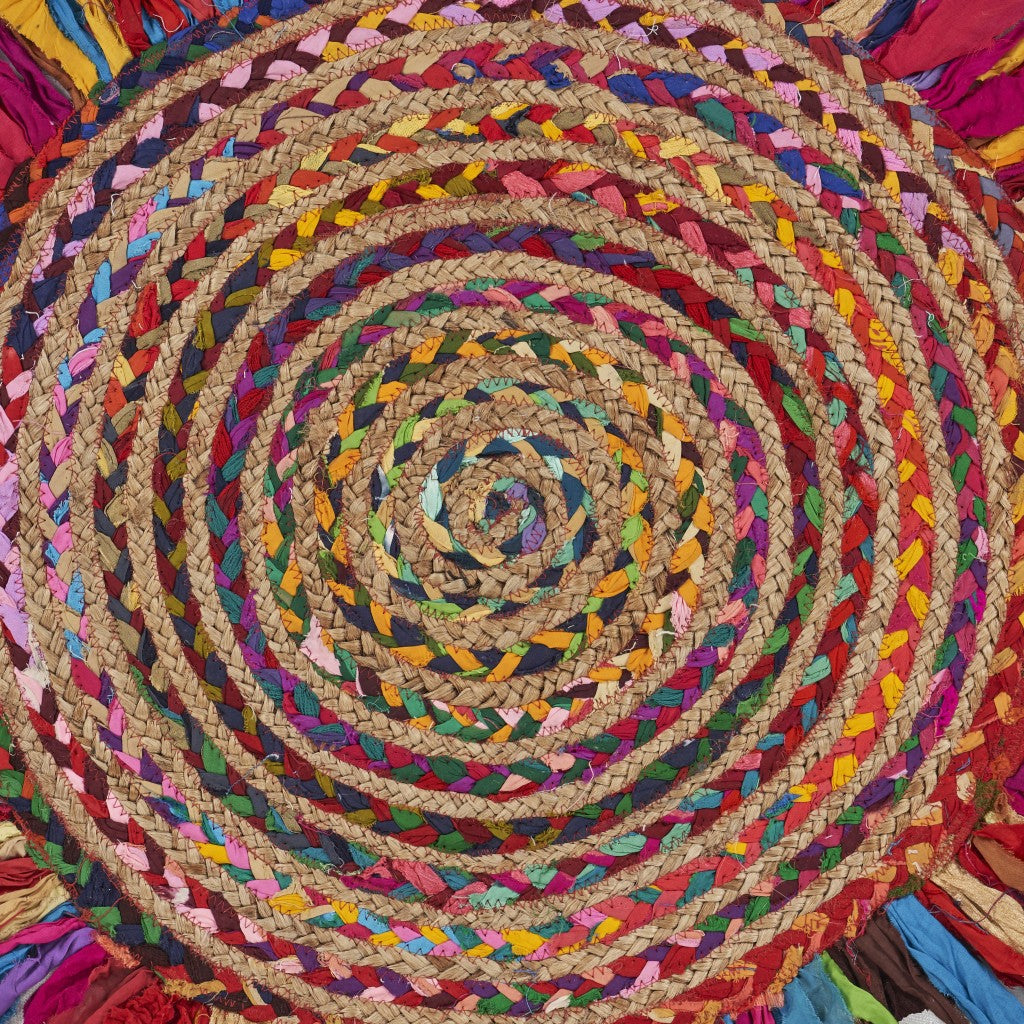 Multicolored Chindi And Natural Jute Fringed Round Rug