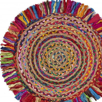 Multicolored Chindi And Natural Jute Fringed Round Rug