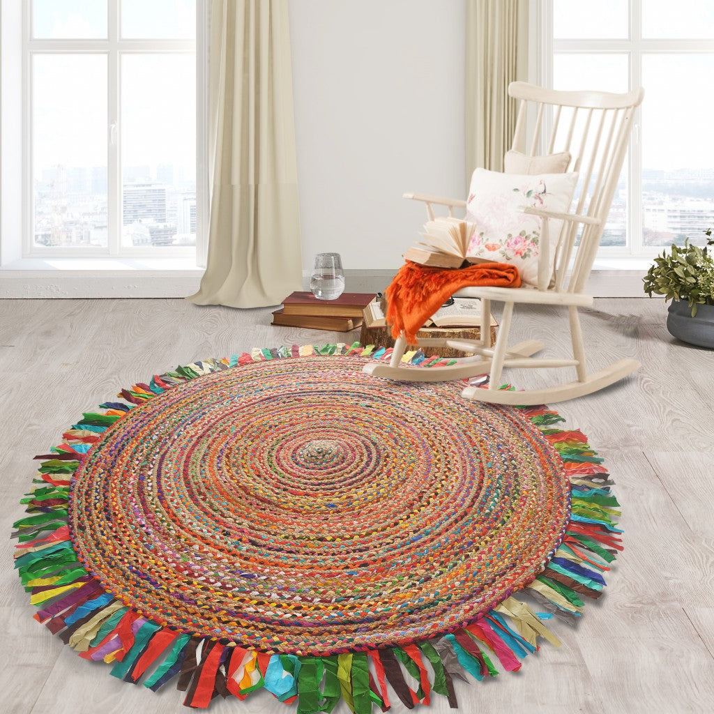 Multicolored Chindi And Natural Jute Fringed Round Rug