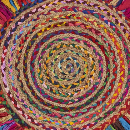 Multicolored Chindi And Natural Jute Fringed Round Rug