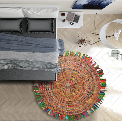 Multicolored Chindi And Natural Jute Fringed Round Rug