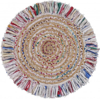 Bleached Multicolored Chindi And Natural Jute Fringed Round Rug