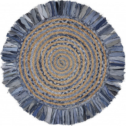 Denim And Natural Jute Round Swirl Fringed Rug