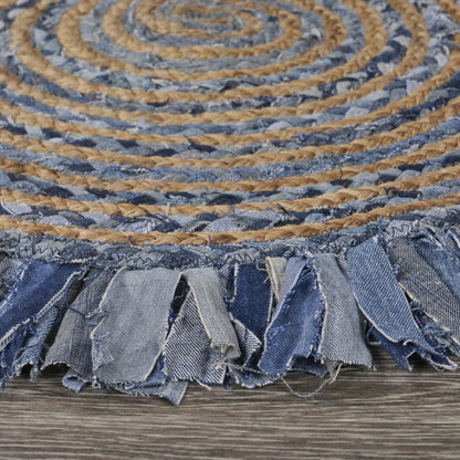 Denim And Natural Jute Round Swirl Fringed Rug