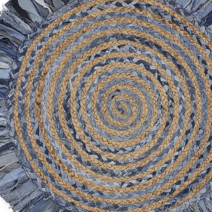 Denim And Natural Jute Round Swirl Fringed Rug