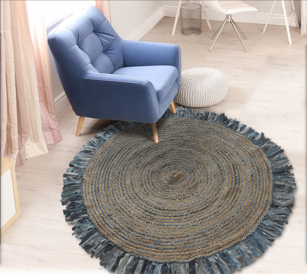 Denim And Natural Jute Round Swirl Fringed Rug