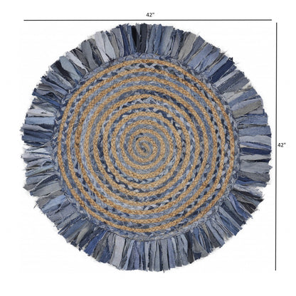 Denim And Natural Jute Round Swirl Fringed Rug