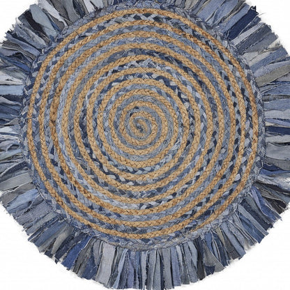 Denim And Natural Jute Round Swirl Fringed Rug