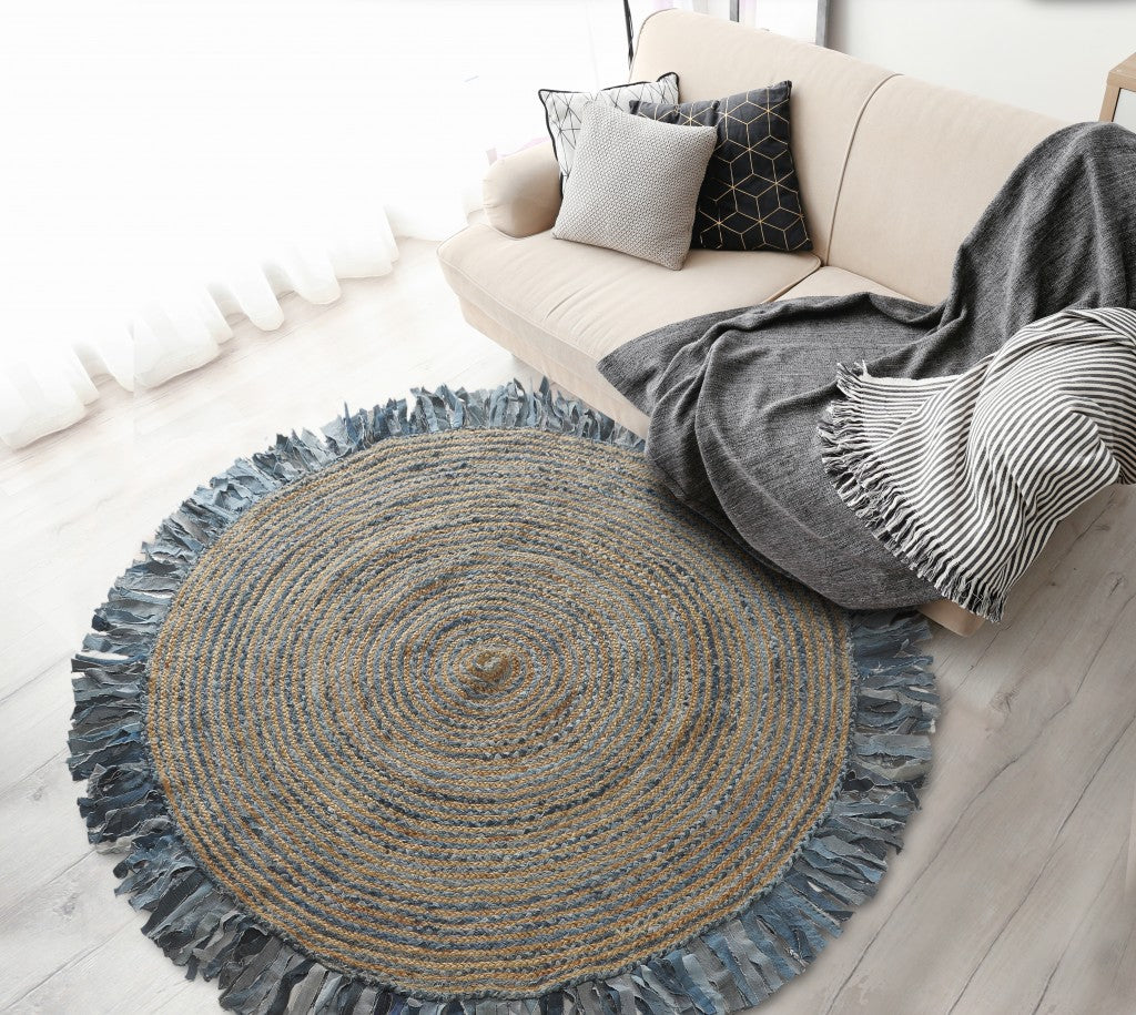 Denim And Natural Jute Round Swirl Fringed Rug