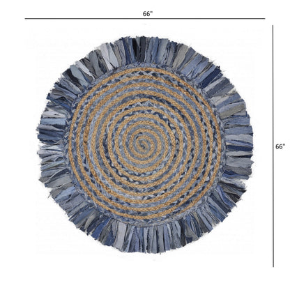 Denim And Natural Jute Round Swirl Fringed Rug