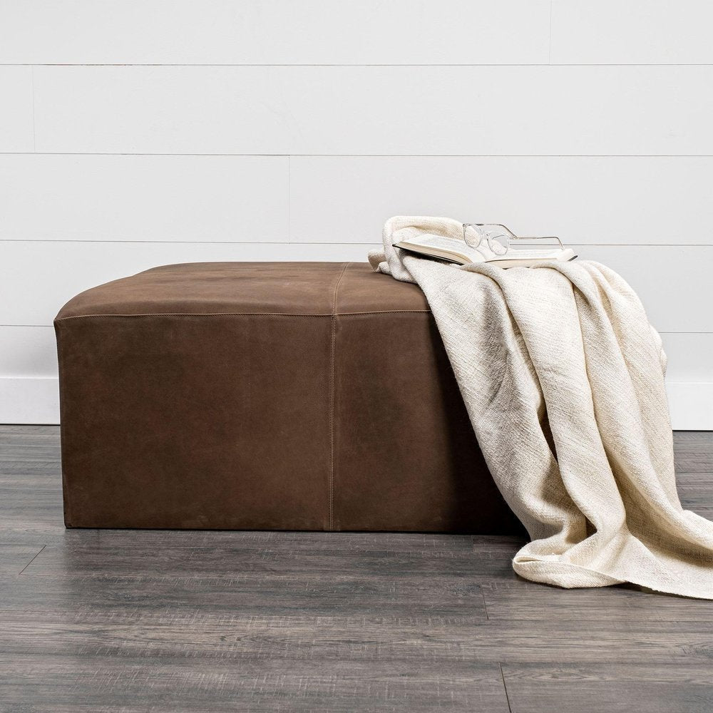 36" Brown Genuine Leather Cube Ottoman HomeRoots