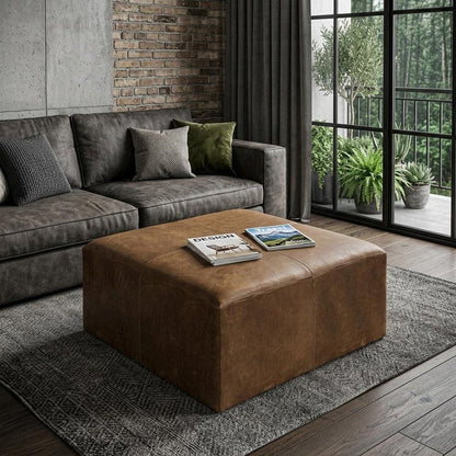 36" Brown Genuine Leather Cube Ottoman HomeRoots