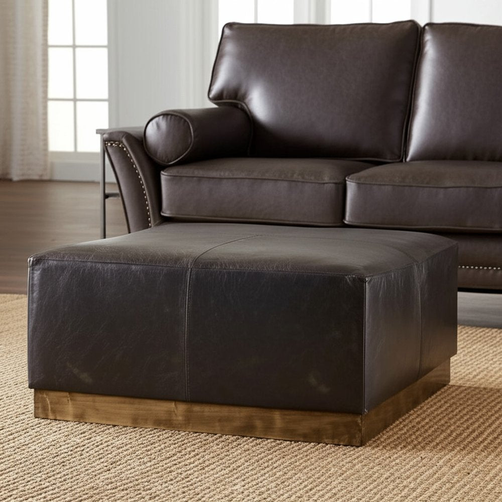 36" Black Faux Leather and Brown Footstool HomeRoots
