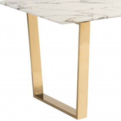 71" White And Gold Faux Marble And Steel Sled Base Dining Table HomeRoots