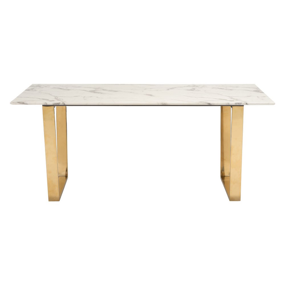 71" White And Gold Faux Marble And Steel Sled Base Dining Table HomeRoots