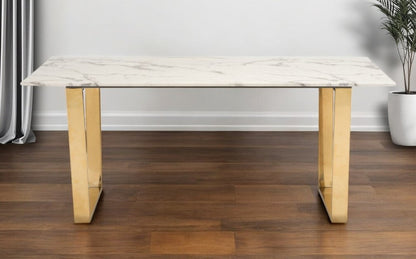 71" White And Gold Faux Marble And Steel Sled Base Dining Table HomeRoots